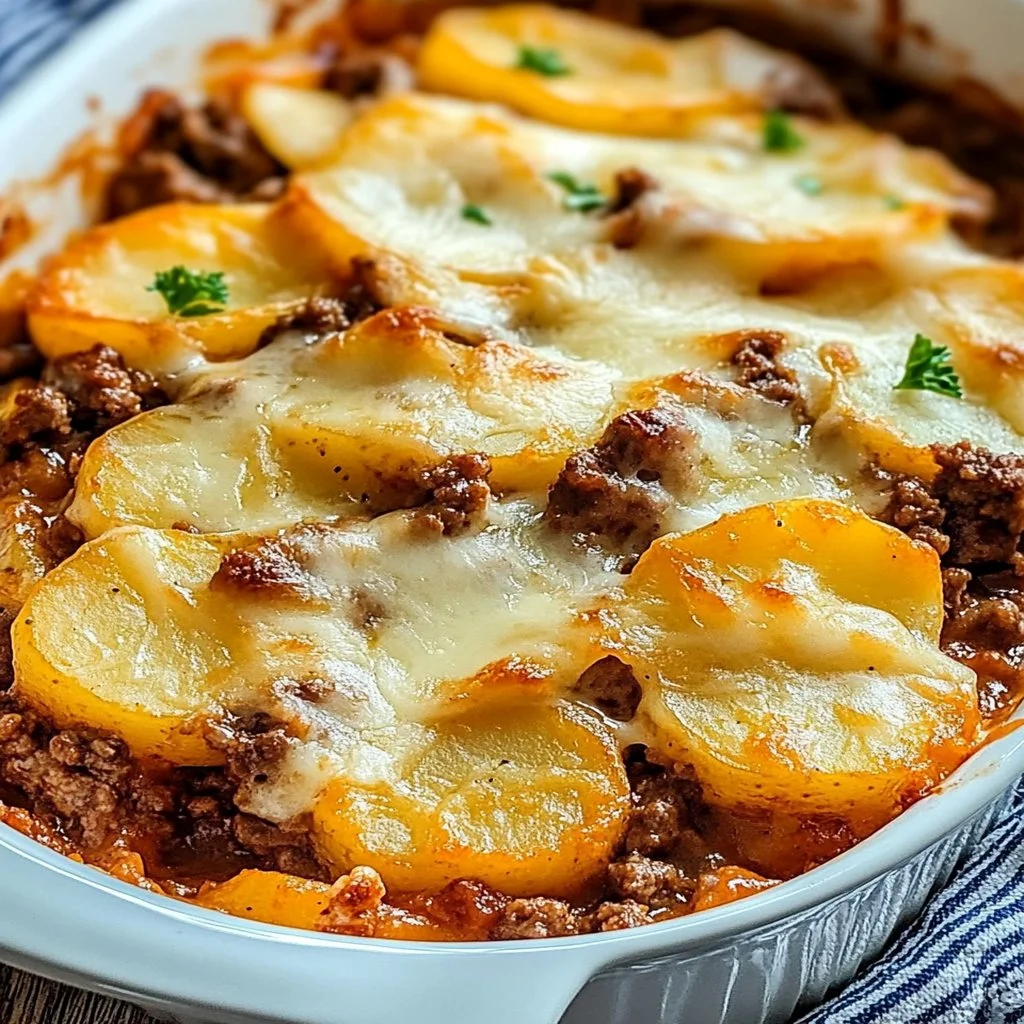 Hobo Casserole with ground beef and potatoes in a baking dish