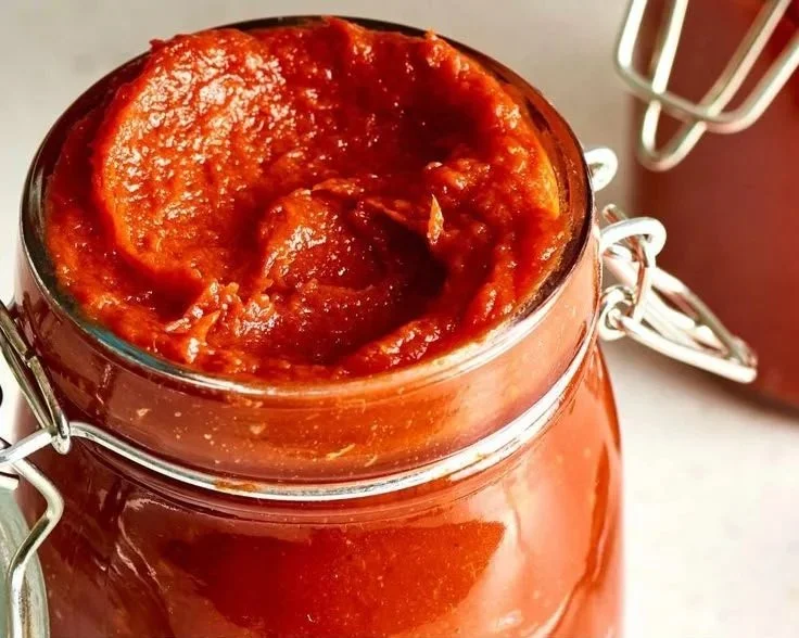 Homemade tomato paste in a bowl with fresh tomatoes around it