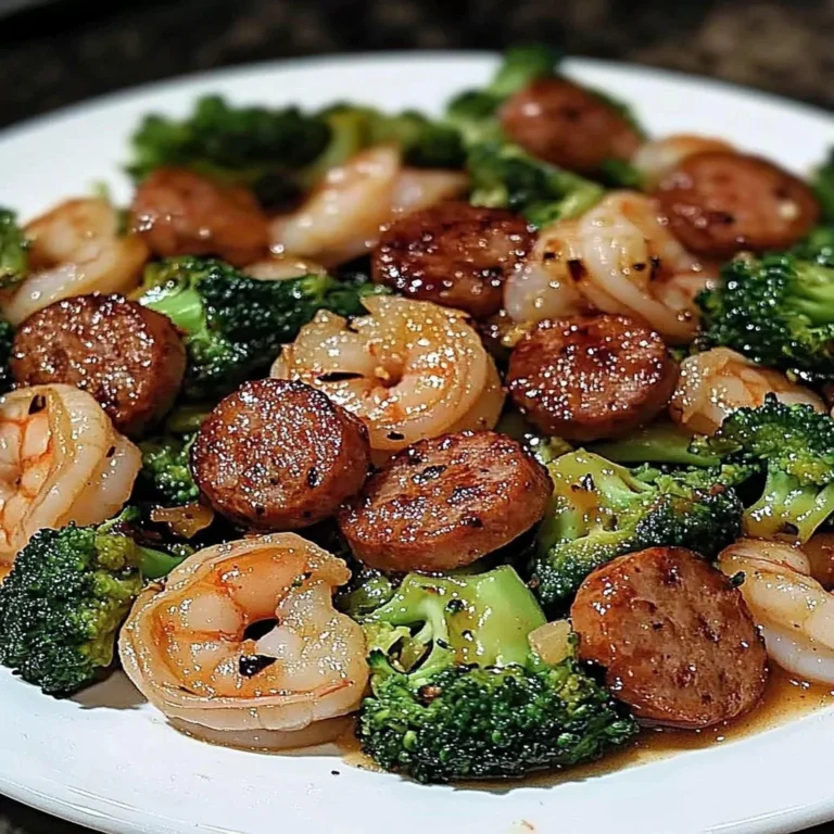 Honey Garlic Shrimp with sausage and steamed broccoli on a plate