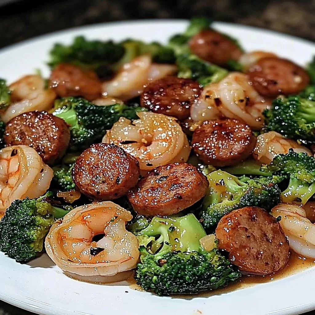 Honey Garlic Shrimp with sausage and steamed broccoli on a plate