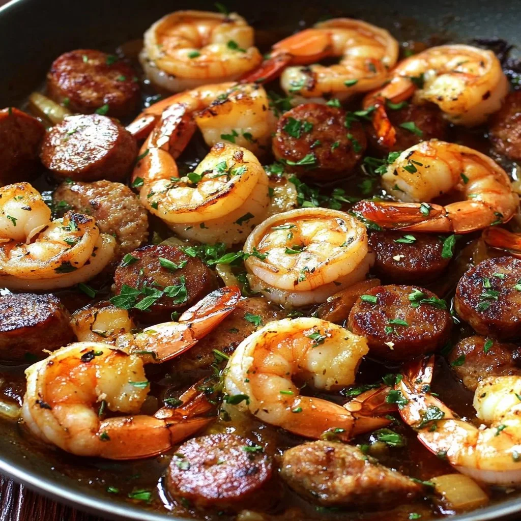 Honey garlic shrimp and sausage dish in a skillet, garnished and ready to eat.