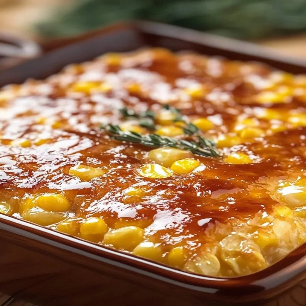 Honey-Glazed Corn Casserole dish ready to serve