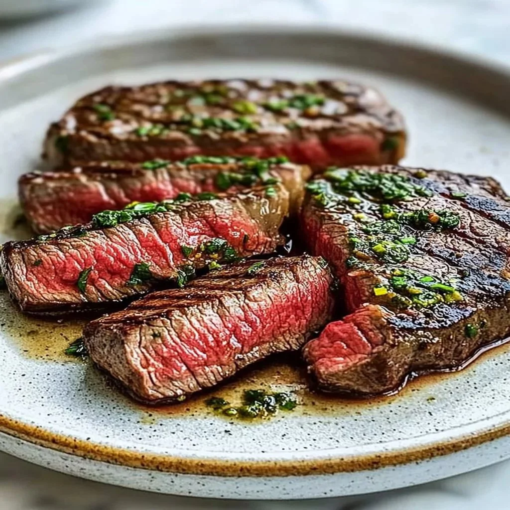 A perfectly cooked steak on a plate, showcasing ideal doneness and seasoning.