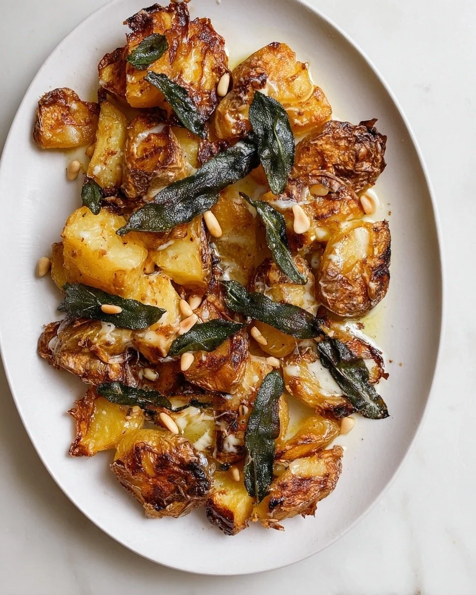 Delicious smashed potatoes topped with sage butter on a serving plate