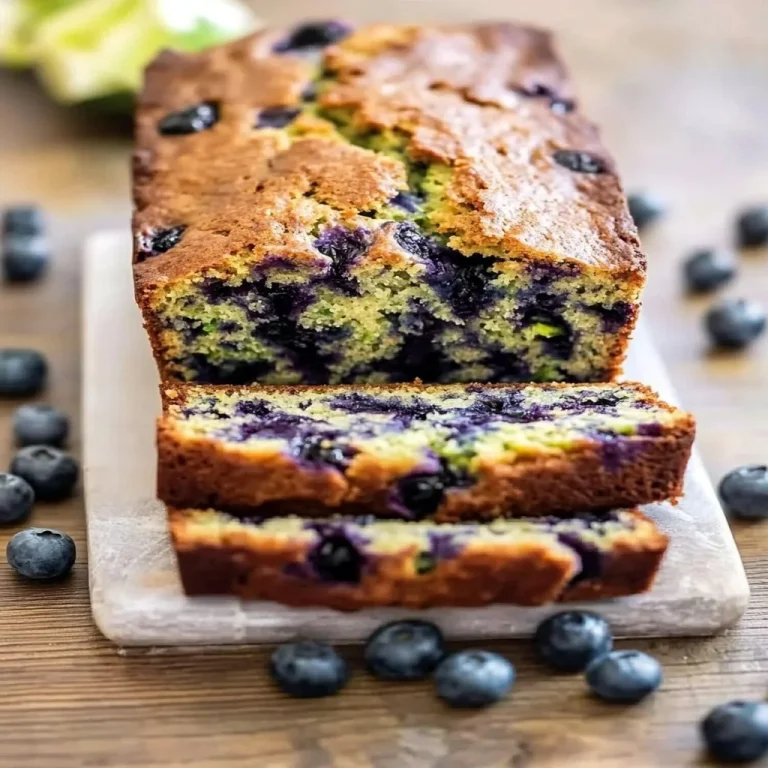 Loaf of blueberry zucchini bread on a wooden table with blueberries and zucchini.