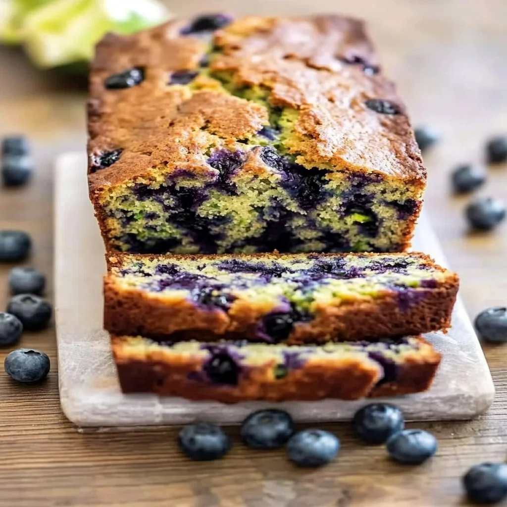 Loaf of blueberry zucchini bread on a wooden table with blueberries and zucchini.