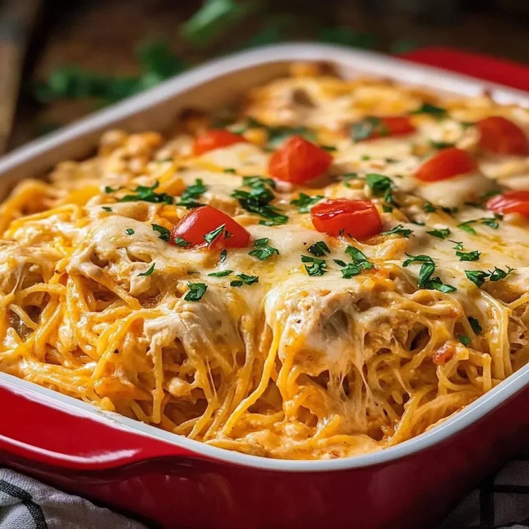 A delicious spicy Southern chicken spaghetti casserole topped with cheese