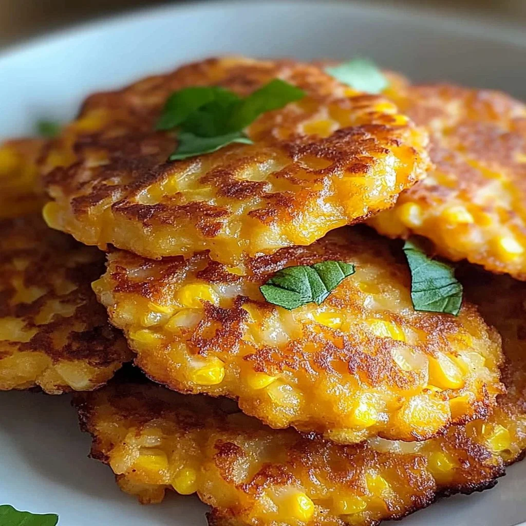 Crispy cheesy corn fritters served on a plate, garnished with fresh herbs.