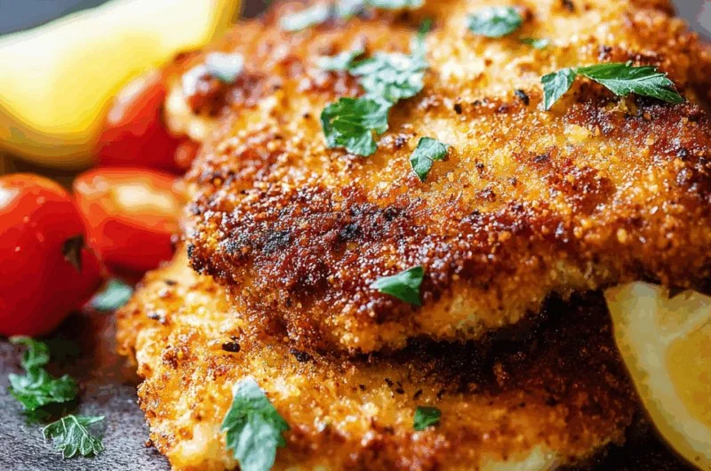 Crispy Italian Chicken Cutlets served with fresh herbs and lemon slices
