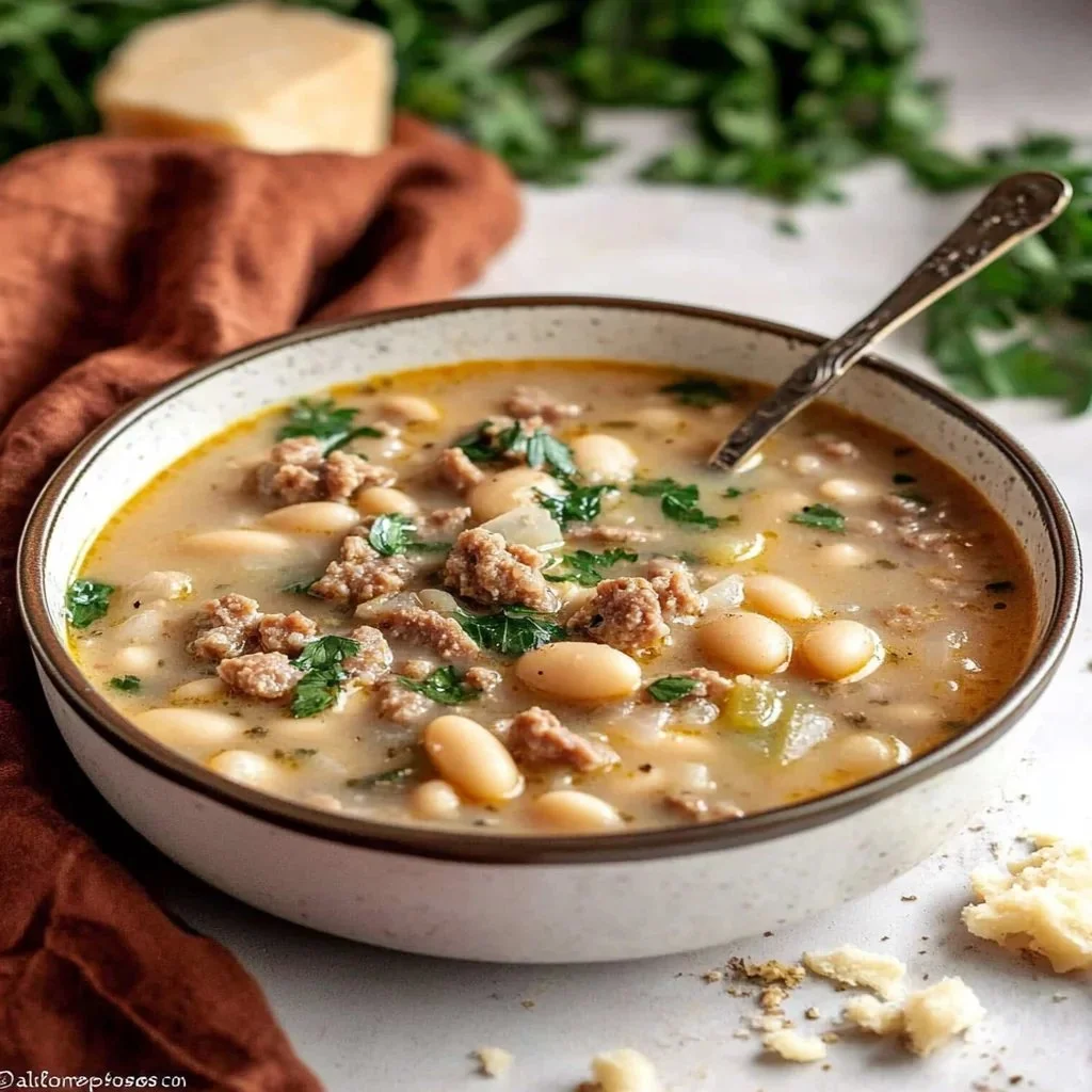 Bowl of Italian sausage white bean soup garnished with herbs