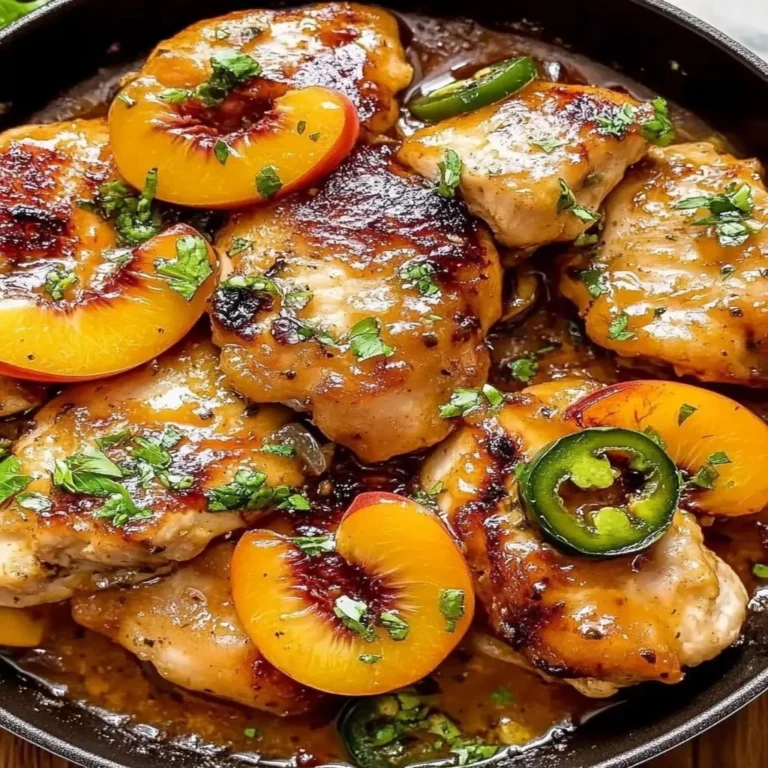 Plate of jalapeno peach chicken garnished with herbs and served with sides