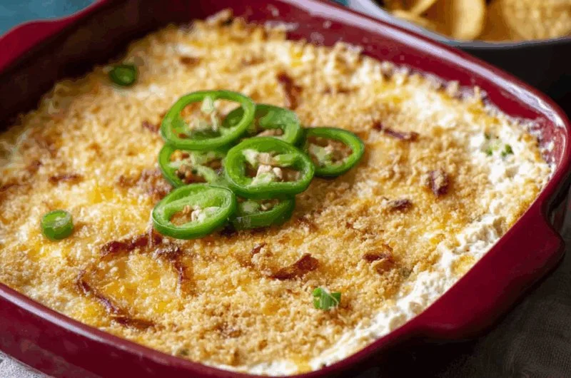 Delicious homemade Jalapeño Popper Dip served in a bowl with chips.