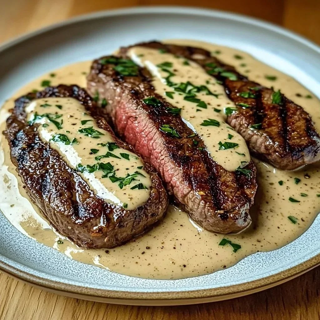 Juicy steak topped with creamy garlic sauce on a plate