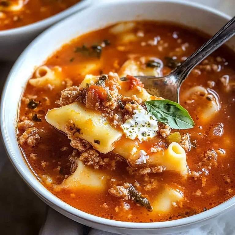 Delicious bowl of lasagna soup garnished with fresh basil and cheese.