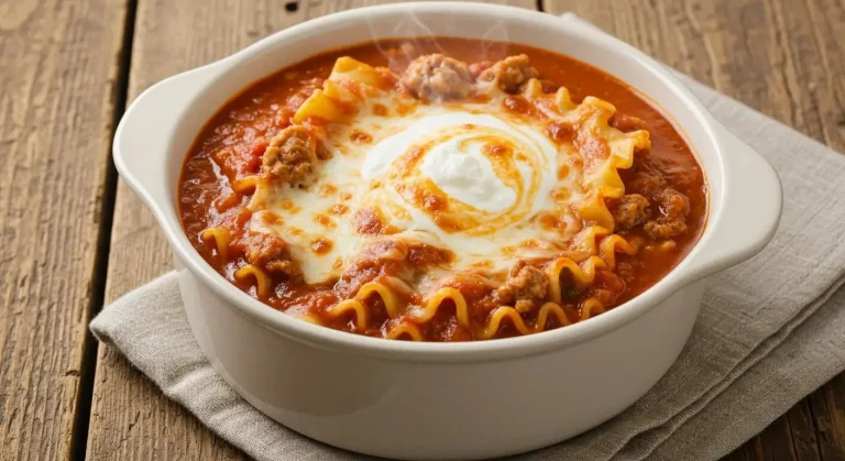 Delicious bowl of lasagna soup topped with cheese and herbs