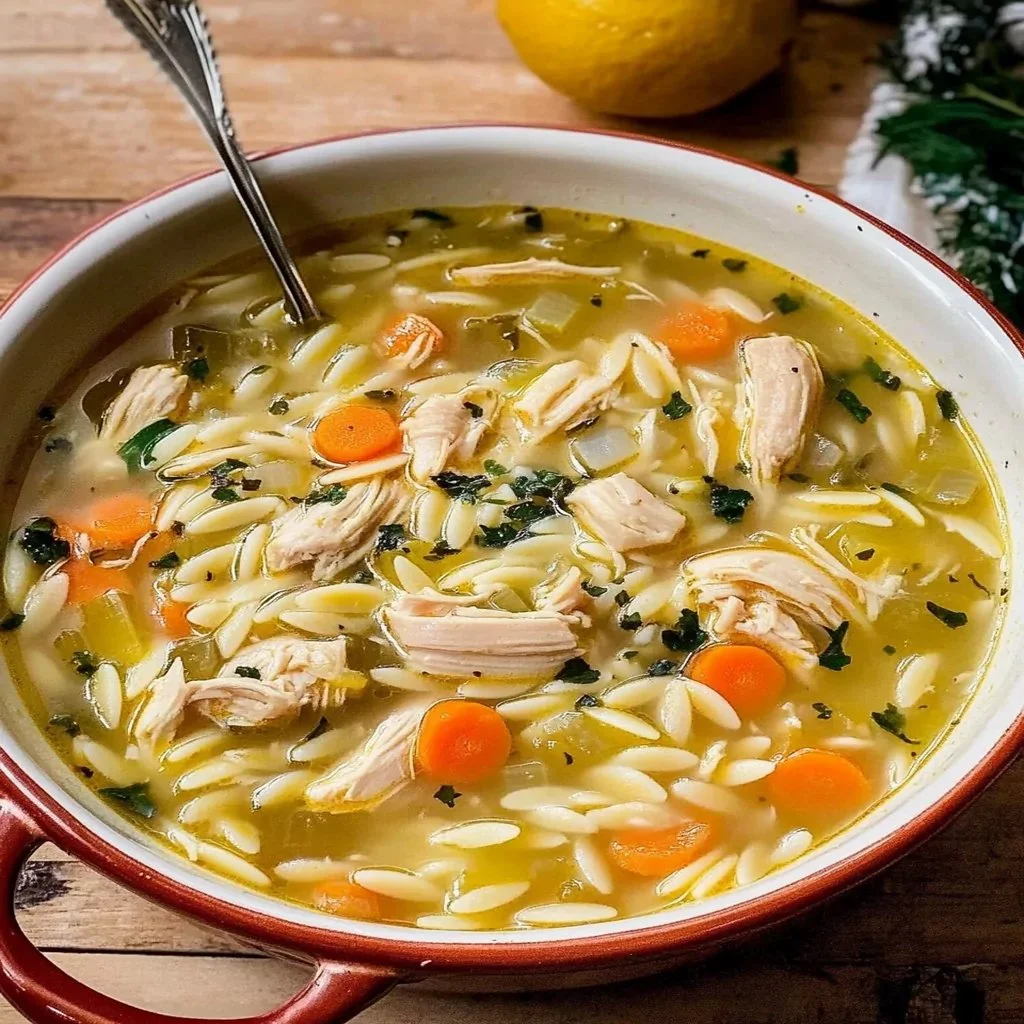 A warm bowl of Lemon Chicken Orzo Soup with greens and lemon slices