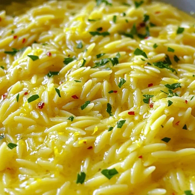 Bowl of lemon garlic butter orzo garnished with parsley