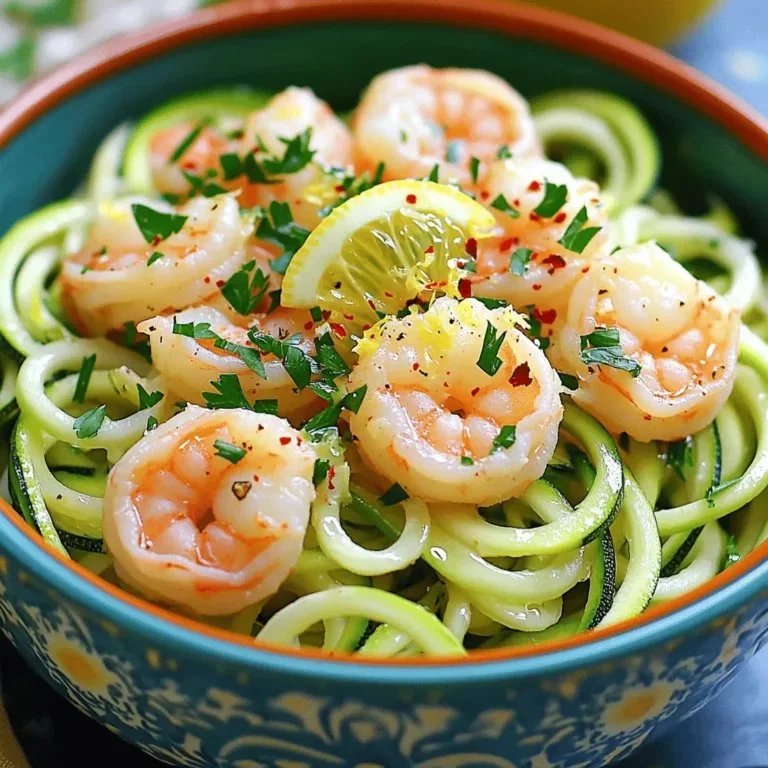 Lemon garlic shrimp zoodles dish garnished with fresh herbs