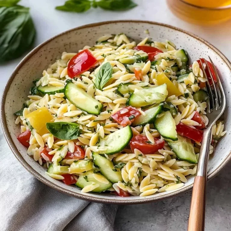 Lemon Orzo Pasta Salad with Cucumbers in a bowl, garnished with fresh herbs.