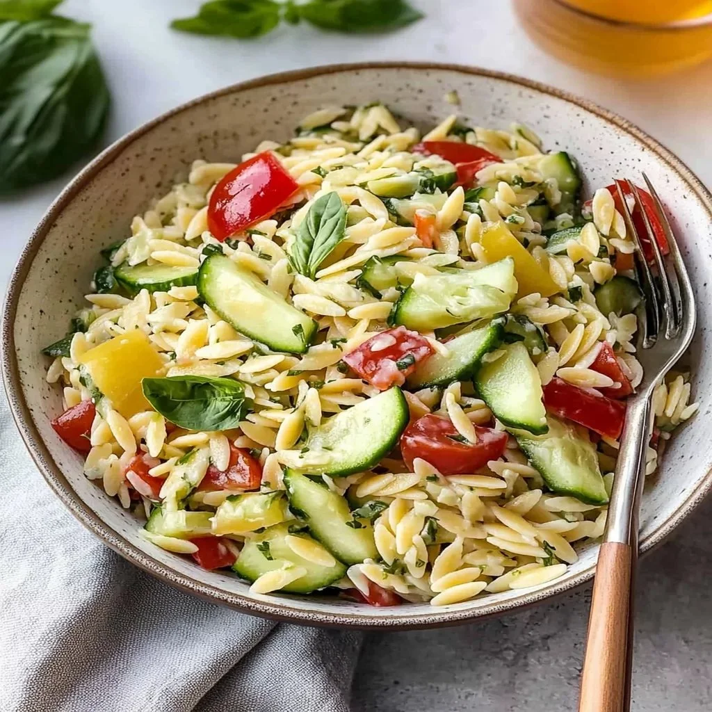 Lemon Orzo Pasta Salad with Cucumbers in a bowl, garnished with fresh herbs.