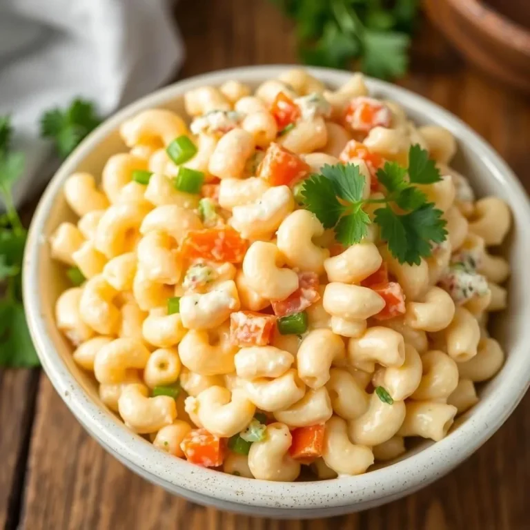 Delicious bowl of macaroni salad with colorful vegetables and dressing