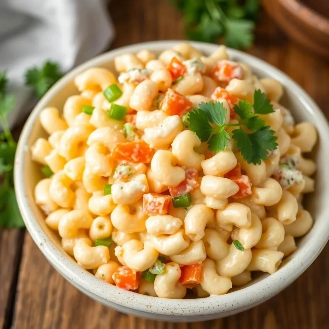 Delicious bowl of macaroni salad with colorful vegetables and dressing