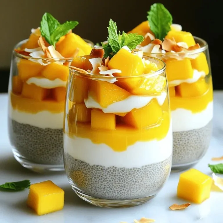 Mango coconut chia pudding in a glass bowl with fresh ingredients on a table