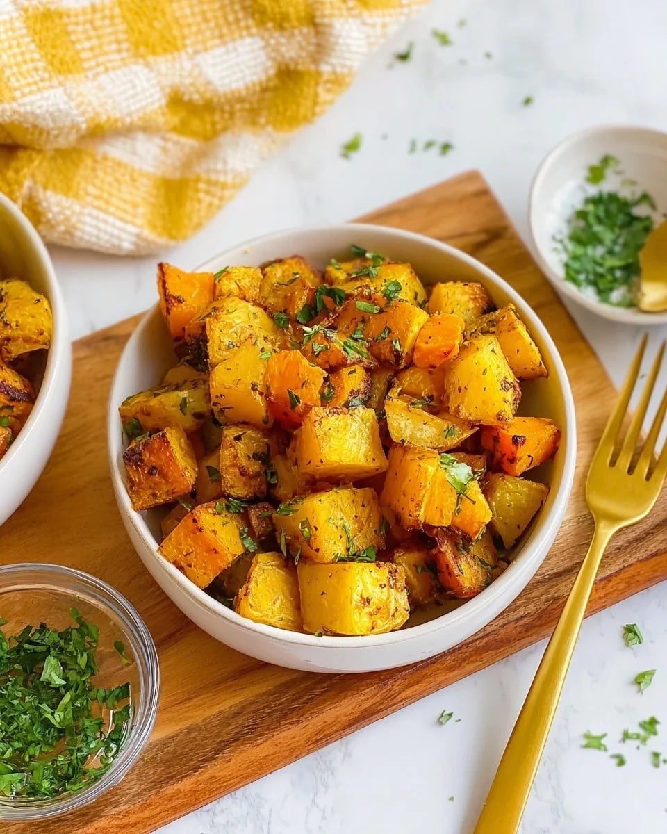 Maple-roasted butternut squash served in a bowl, garnished with herbs