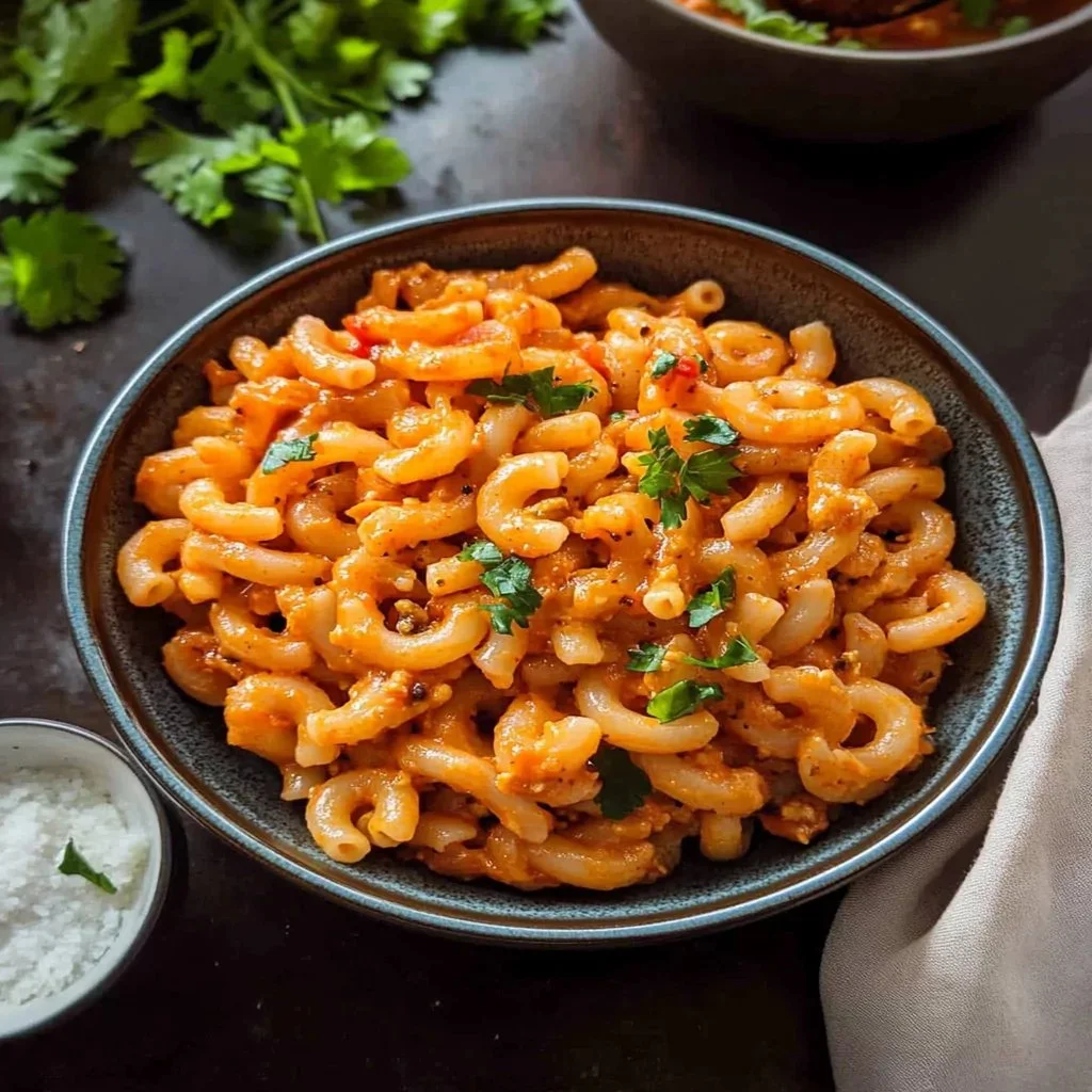 Delicious Masala Macaroni garnished with fresh herbs and spices