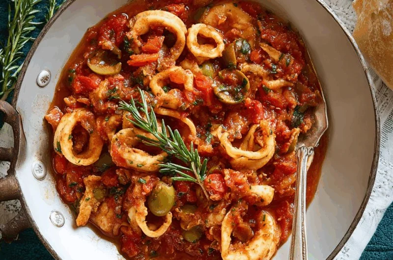 Mediterranean Calamari Stew with tomato and olive infusion in a bowl