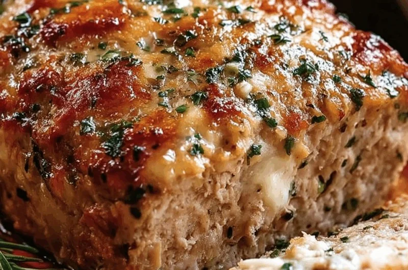 Delicious Garlic Parmesan Chicken Meatloaf garnished with herbs