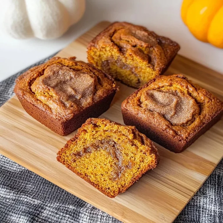 Mini pumpkin bread with cinnamon swirl on a wooden board