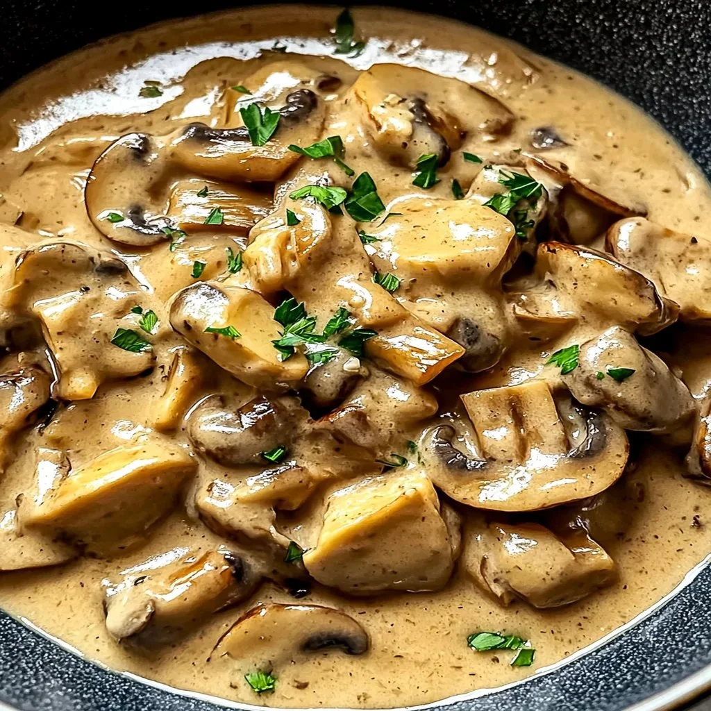 Delicious serving of Mushroom Stroganoff with herbs and noodles