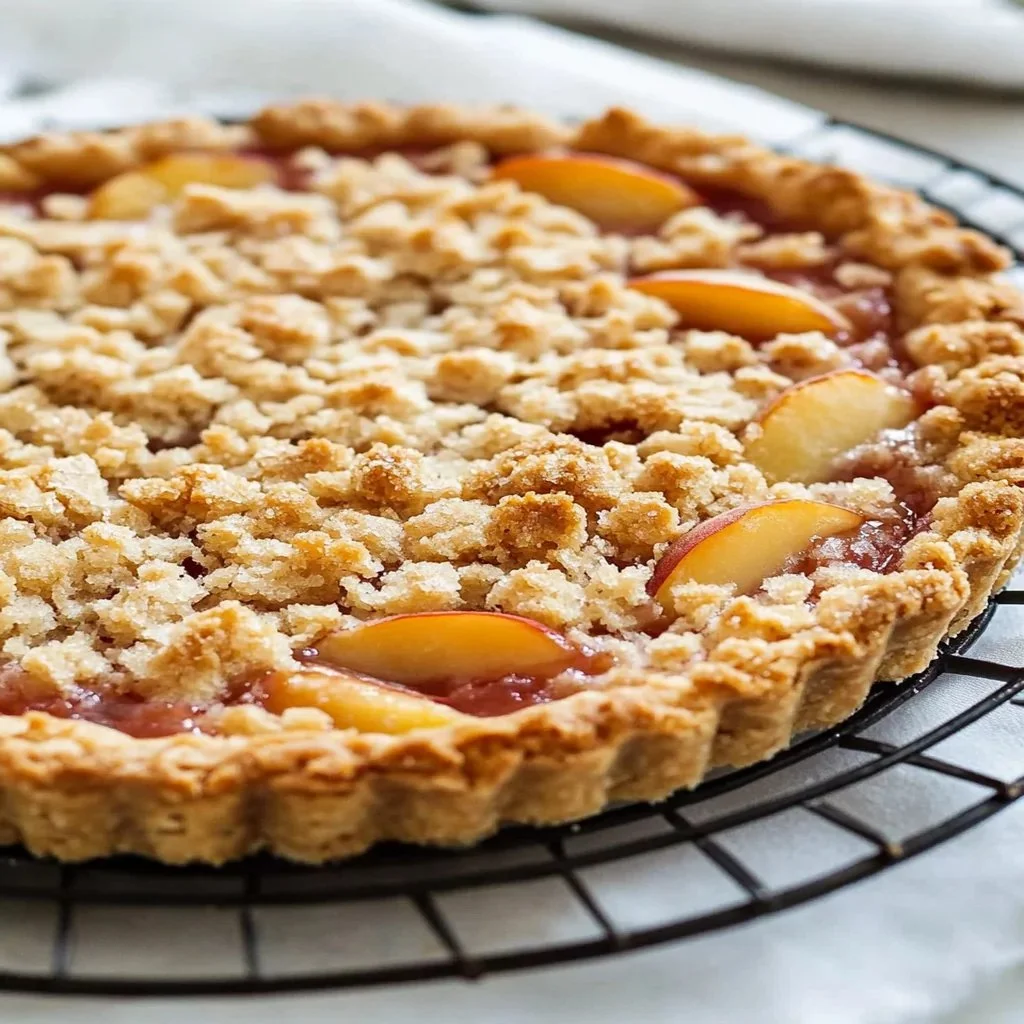 Nectarine crumb tart topped with delicious crumble, ready to be served.