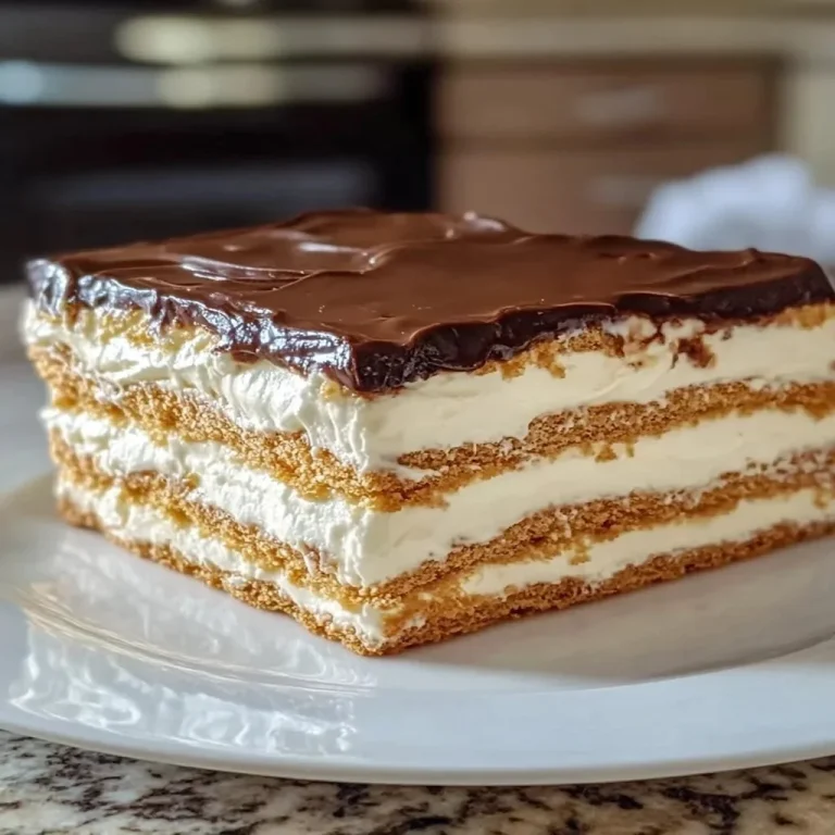 No-bake eclair cake with layers of chocolate and cream in a dish