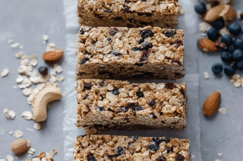 Homemade no-bake granola bars with nuts and dried fruit