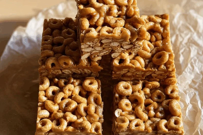 No-bake peanut butter Cheerio bars with chocolate drizzle and nuts on top.