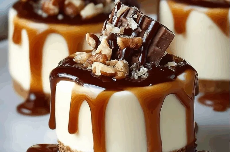 No-Bake Turtle Mini Cheesecakes with caramel and nuts on a decorative plate.