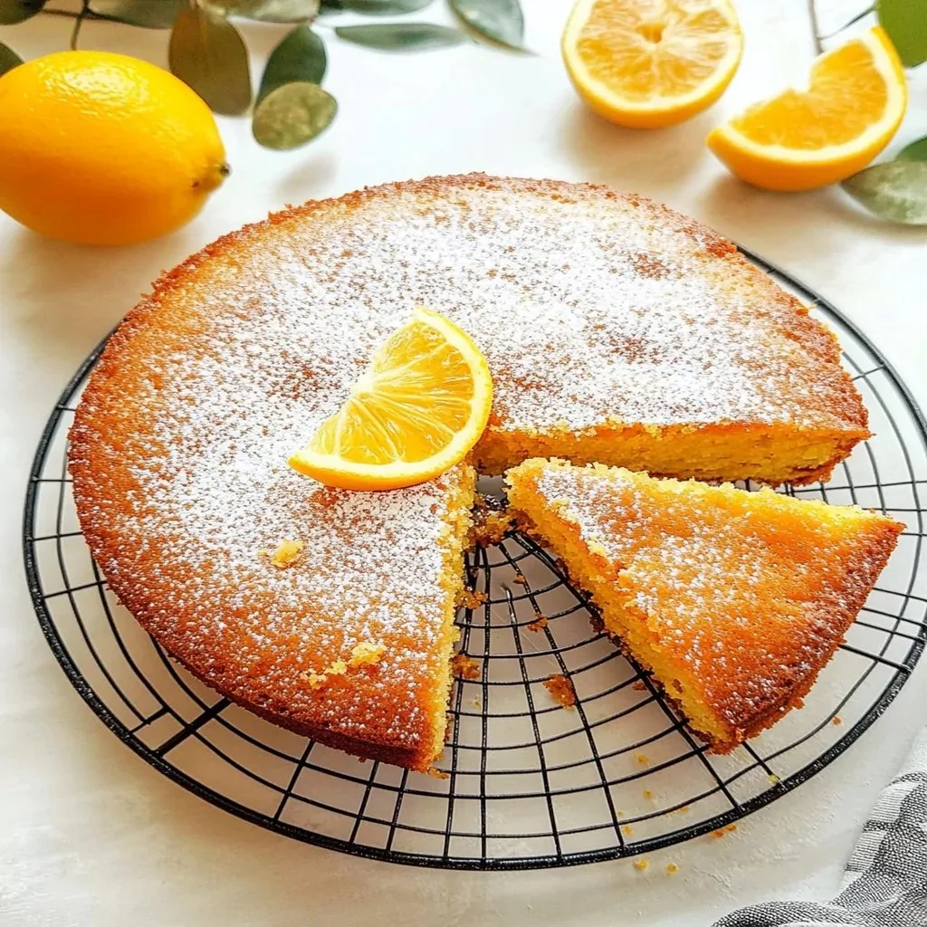 Freshly baked olive oil cake topped with citrus zest and served on a plate.
