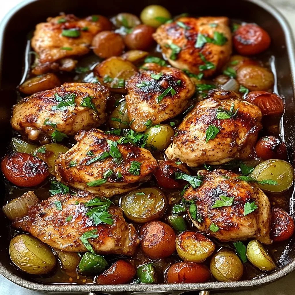 One Pan Balsamic Chicken dish with vegetables, perfect for easy weeknight meals