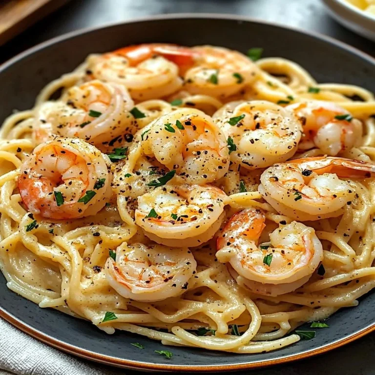 One-pot garlic butter shrimp pasta served in a bowl with parsley garnish.