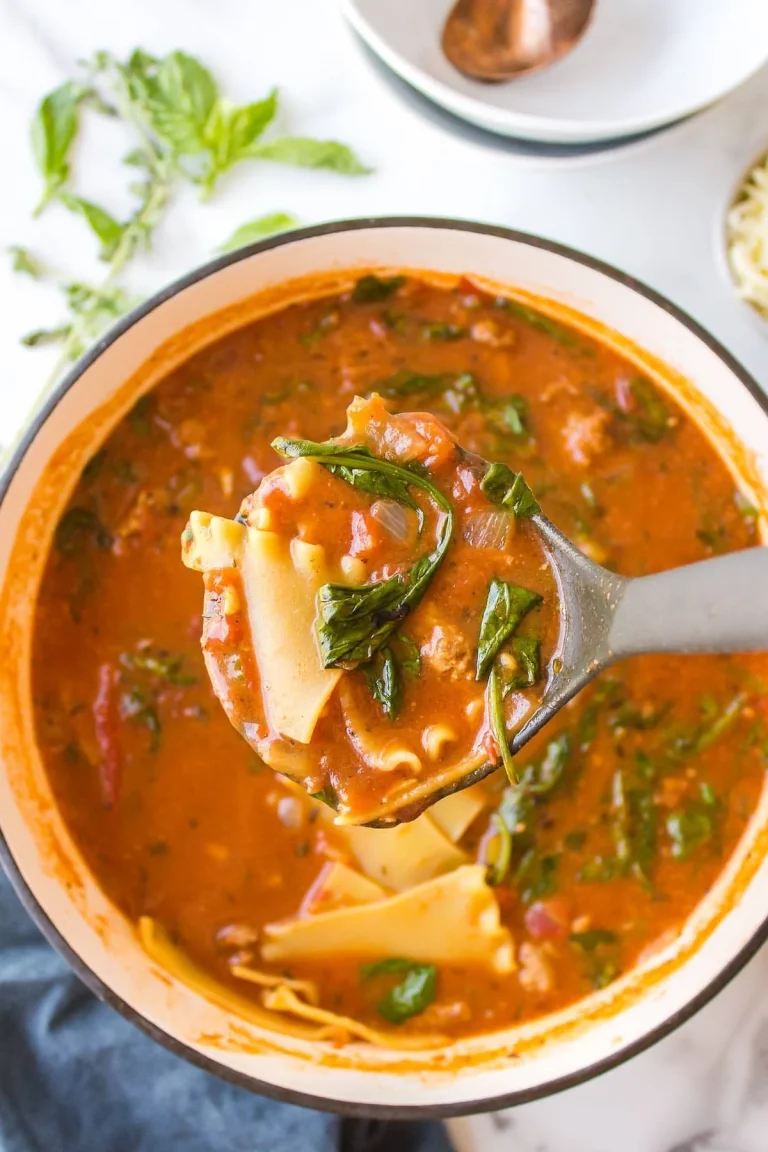 A comforting bowl of one pot lasagna soup topped with cheese and herbs.