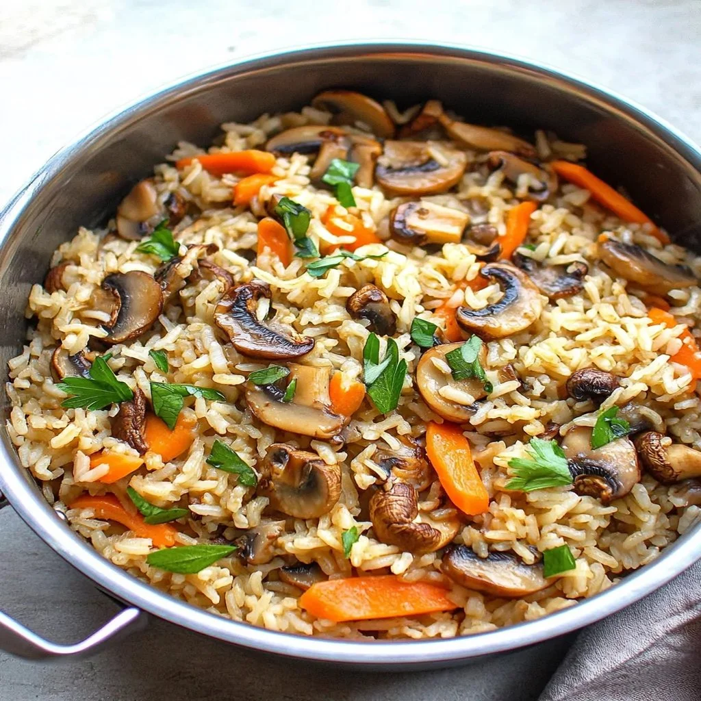 Bowl of One-Pot Soy Sauce Mushroom Rice garnished with fresh herbs