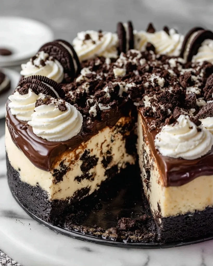 Delicious Oreo cheesecake topped with smooth chocolate ganache