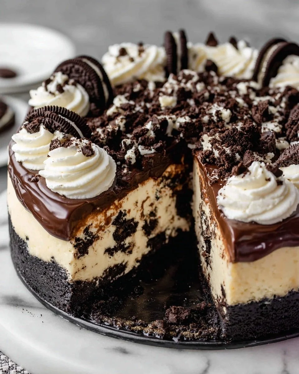 Delicious Oreo cheesecake topped with smooth chocolate ganache