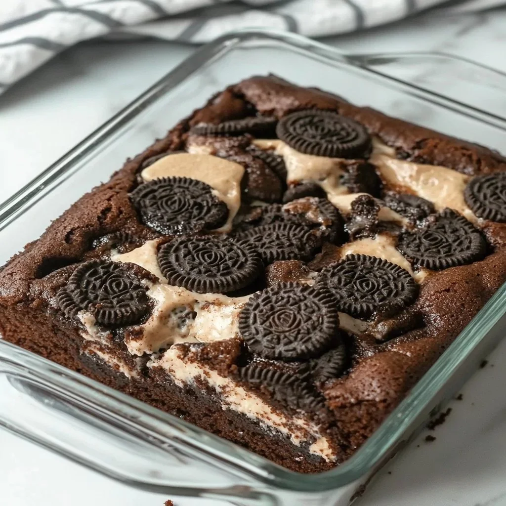 Delicious Oreo Dump Cake topped with crushed Oreos and creamy frosting