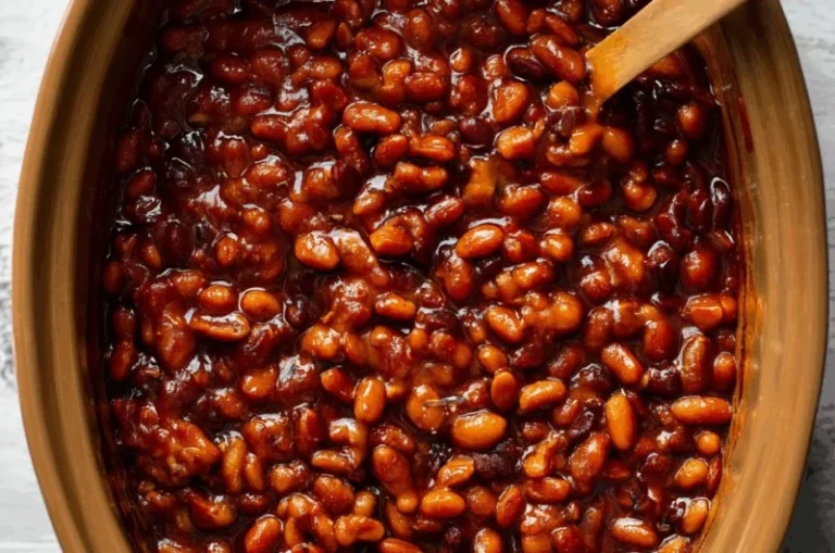 A bowl of homemade baked beans with herbs and spices.