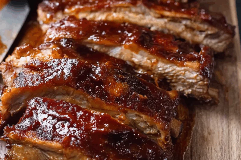 Oven baked barbecue pork ribs served with a tangy sauce on a white plate
