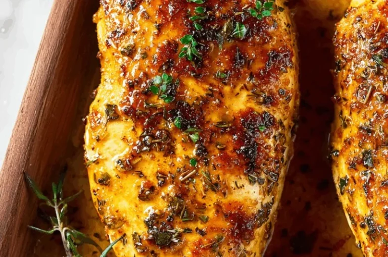 Oven-baked chicken breast with brown sugar and herbs served on a plate.