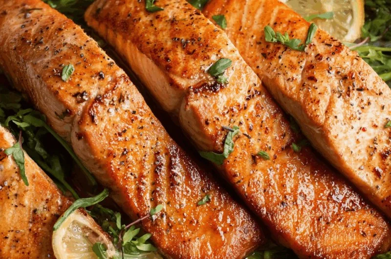 Delicious pan-seared salmon with crispy skin and vibrant garnishes